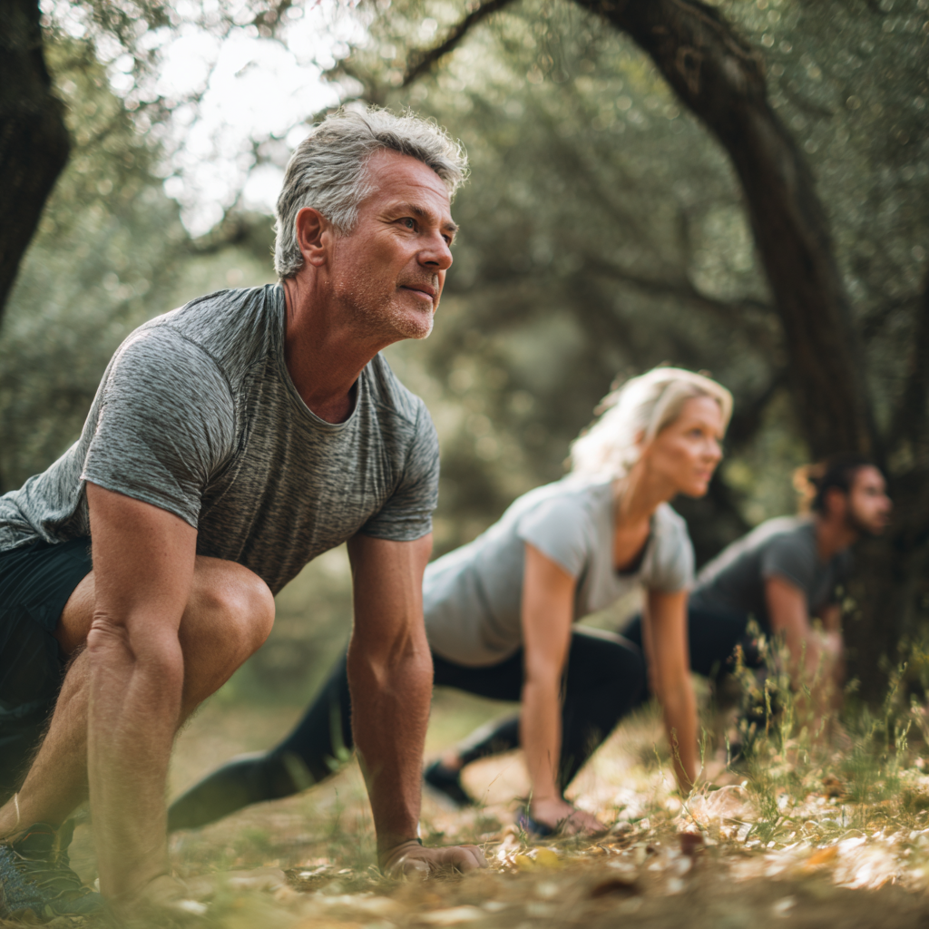 Middle-aged adults practicing functional movement exercises in natural setting